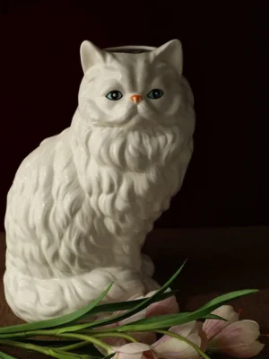 Cute White Cat Ceramic Vase Desk Decoration Flowers Arrangement Artificial Flower Decorative Floral Vases Room Aesthetic Decor