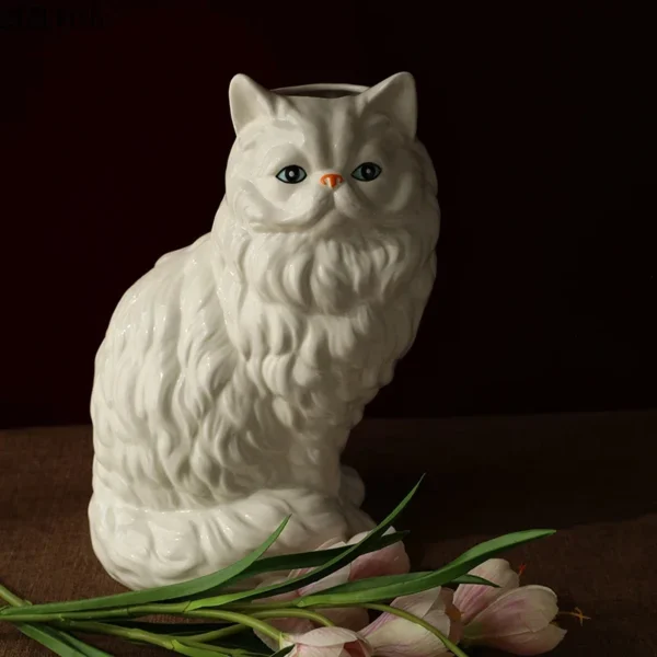 Cute White Cat Ceramic Vase Desk Decoration Flowers Arrangement Artificial Flower Decorative Floral Vases Room Aesthetic Decor