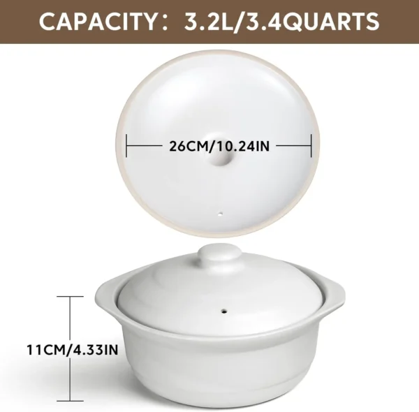White Ceramic Casserole Pot with Lid, 3.4 Quart Clay Cookware for Soup, Rice & Stews
