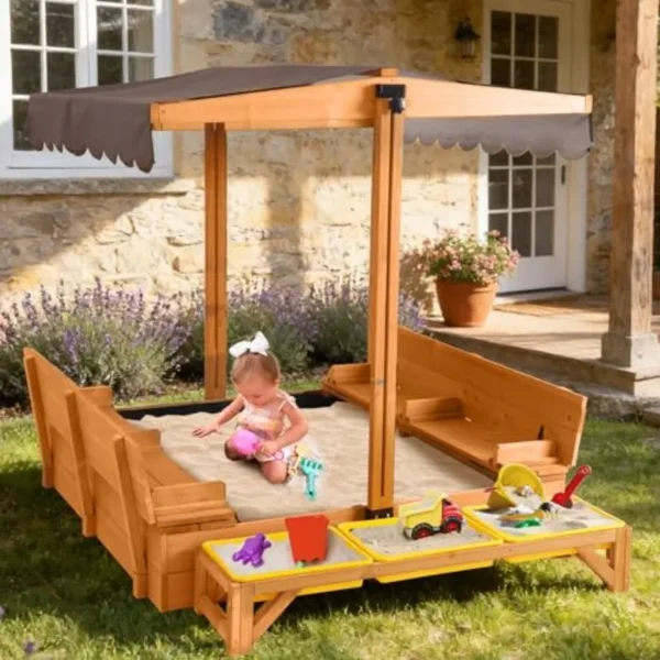 Wooden Sand Box with Lid and 3 Detachable Toy Bins Adjustable Canopy 4 Built-in Bench Seats Leak-Proof Non-Woven Liner Foldable