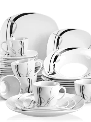 VEWEET FIONA 30/60 Piece Black Lines Porcelain Ceramic Tableware Set with Dessert Plates/Soup Plates/Dinner Plates/Cups/Saucers