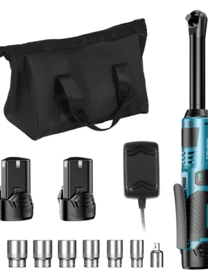 SEESII 3/8"Cordless Electric Wrench 55Nm 6" Extended Ratchet Wrench 12V Rechargeable Angle Wrench Car Repair Tools w/2 Batteries