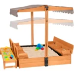 Wooden Sand Box with Lid and 3 Detachable Toy Bins Adjustable Canopy 4 Built-in Bench Seats Leak-Proof Non-Woven Liner Foldable