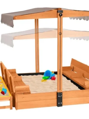 Wooden Sand Box with Lid and 3 Detachable Toy Bins Adjustable Canopy 4 Built-in Bench Seats Leak-Proof Non-Woven Liner Foldable