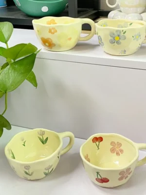 Ceramic Mugs Coffee Cups Hand Pinched Irregular Flower Milk Tea Cup ins korean style Oatmeal Breakfast Mug Drinkware Kitchen
