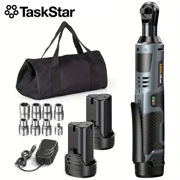 TaskStar Electric Ratchet Wrench 200RPM Variable Speed Trigger 40Nm Cordless Ratchet Wrench Kit 12V 2*2.0 Ah Batteries Powered