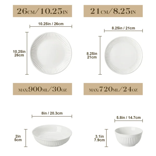 MALACASA LEILA 12/16/24/32 Ceramic Plate Sets White Porcelain Dinnerware Set with 4/6 PCS Dinner Plate/Dessert/Cereal Bowl/Soup