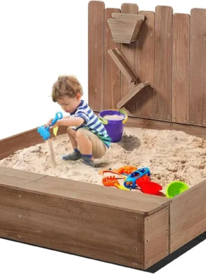 53× 44.5in Wood Sand Box for Kids Ages 3-8, Sandboxes for Backyard Patio Garden Beach Outdoor Play Use, w/Fabric Liner Funnel Ch