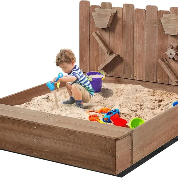 53× 44.5in Wood Sand Box for Kids Ages 3-8, Sandboxes for Backyard Patio Garden Beach Outdoor Play Use, w/Fabric Liner Funnel Ch