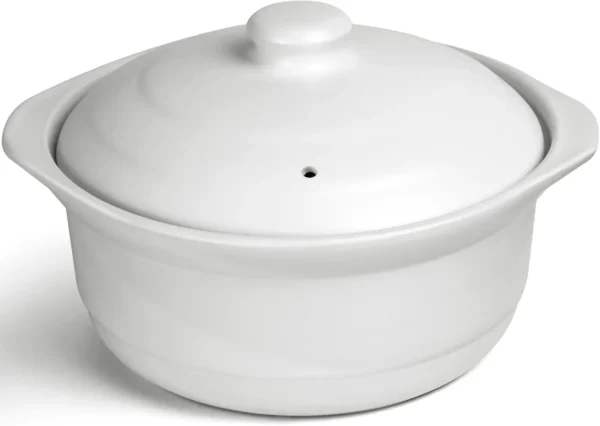 White Ceramic Casserole Pot with Lid, 3.4 Quart Clay Cookware for Soup, Rice & Stews
