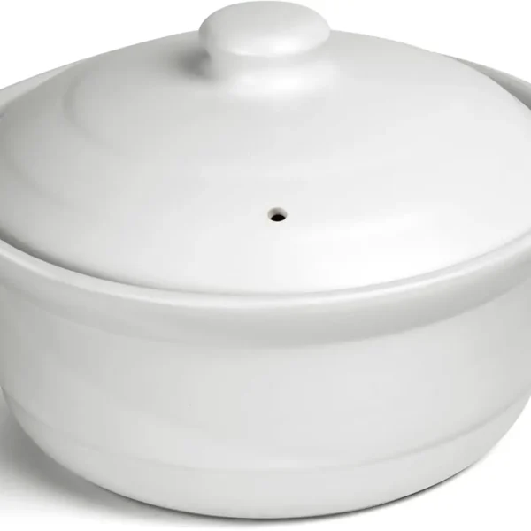 White Ceramic Casserole Pot with Lid, 3.4 Quart Clay Cookware for Soup, Rice & Stews