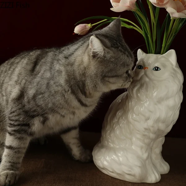 Cute White Cat Ceramic Vase Desk Decoration Flowers Arrangement Artificial Flower Decorative Floral Vases Room Aesthetic Decor