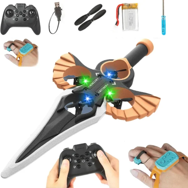 RC Flying Sword 2.4G 2CH Remote Control 4 Axle Fighter With Hand Wave/Controller Mode & Lights RC Aerial Stunt Plane Toys Boys