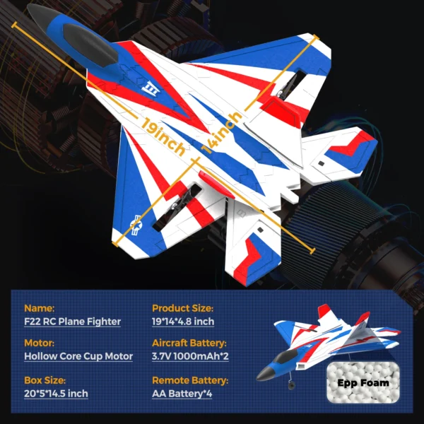 F22 Remote Control Airplane 4 Channel with Lights, 2.4G Fighter RC Plane with 3 Flight Modes for Beginners - RTF