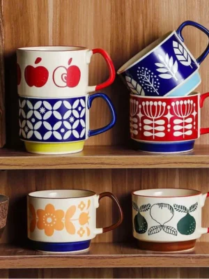 300ml Japanese Flower Coffee Mug Set Retro Ceramic Milk Oats Mug Office Water Handgrip Cup Kitchen Party Drinkware Set