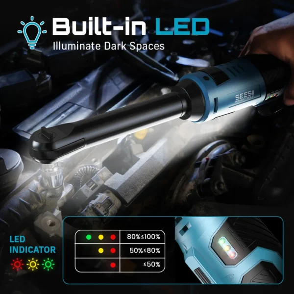 SEESII 3/8"Cordless Electric Wrench 55Nm 6" Extended Ratchet Wrench 12V Rechargeable Angle Wrench Car Repair Tools w/2 Batteries