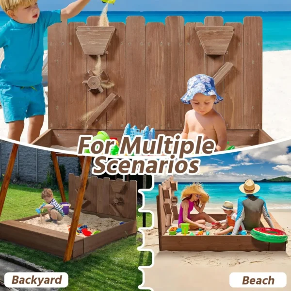 53× 44.5in Wood Sand Box for Kids Ages 3-8, Sandboxes for Backyard Patio Garden Beach Outdoor Play Use, w/Fabric Liner Funnel Ch