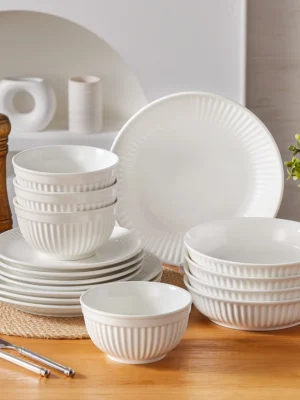 MALACASA LEILA 12/16/24/32 Ceramic Plate Sets White Porcelain Dinnerware Set with 4/6 PCS Dinner Plate/Dessert/Cereal Bowl/Soup