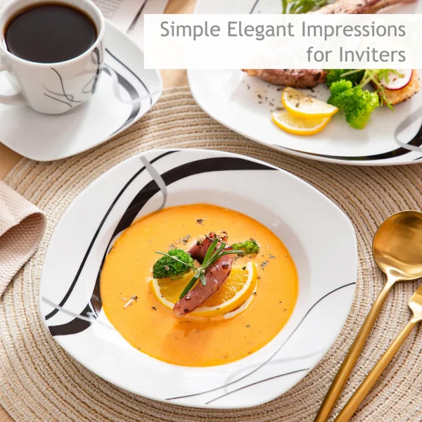 VEWEET FIONA 30/60 Piece Black Lines Porcelain Ceramic Tableware Set with Dessert Plates/Soup Plates/Dinner Plates/Cups/Saucers