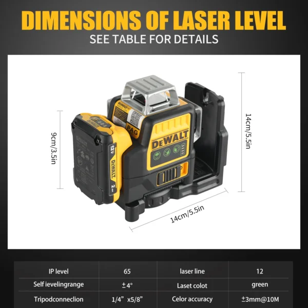 DeWalt DW089LG 12 - Line 3 - Side 360° Self - leveling Green Laser Level: 12V Lithium - Battery - Powered