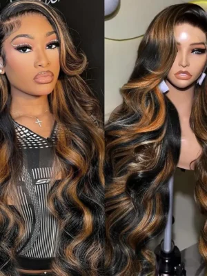 1B/30 Black and Blonde Highlight Body Wave 13x4 Lace Frontal Wigs Human Hair Brazilian Remy Ombre Blonde Colored Lace Front Wig