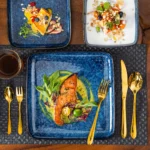 Vancasso Stern Dinner Set Blue Square Kiln Change Glaze Tableware 16 Pieces Kitchen Dinnerware Ceramic Crockery Set for 4 Person
