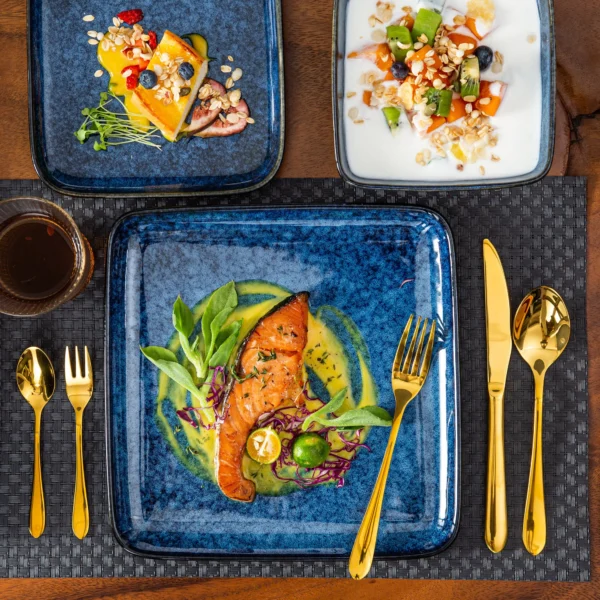 Vancasso Stern Dinner Set Blue Square Kiln Change Glaze Tableware 16 Pieces Kitchen Dinnerware Ceramic Crockery Set for 4 Person