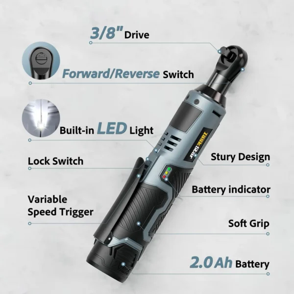 TaskStar Electric Ratchet Wrench 200RPM Variable Speed Trigger 40Nm Cordless Ratchet Wrench Kit 12V 2*2.0 Ah Batteries Powered