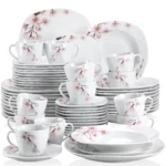 VEWEET ANNIE 60-Piece White Ceramic Pink Floral Porcelain Plate Set with Dinner Soup Dessert Plate ,Cups Saucers for 12 Person
