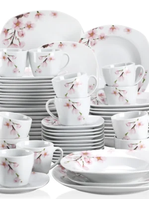 VEWEET ANNIE 60-Piece White Ceramic Pink Floral Porcelain Plate Set with Dinner Soup Dessert Plate ,Cups Saucers for 12 Person