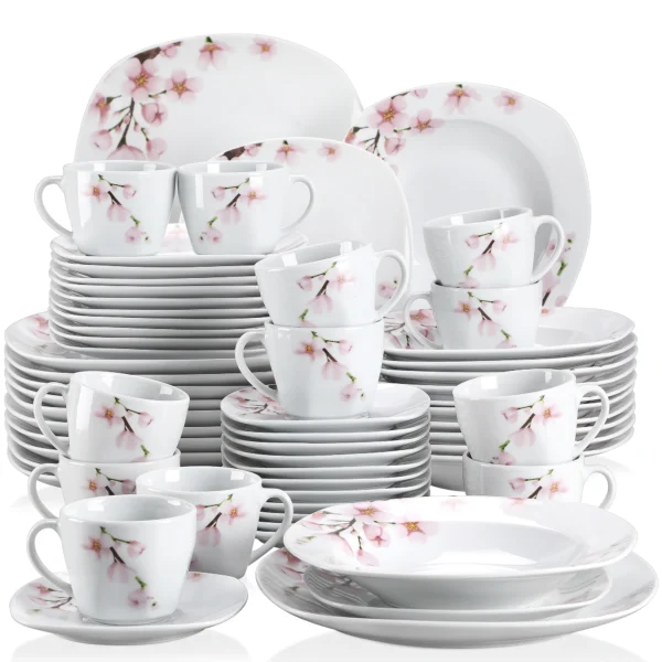 VEWEET ANNIE 60-Piece White Ceramic Pink Floral Porcelain Plate Set with Dinner Soup Dessert Plate ,Cups Saucers for 12 Person