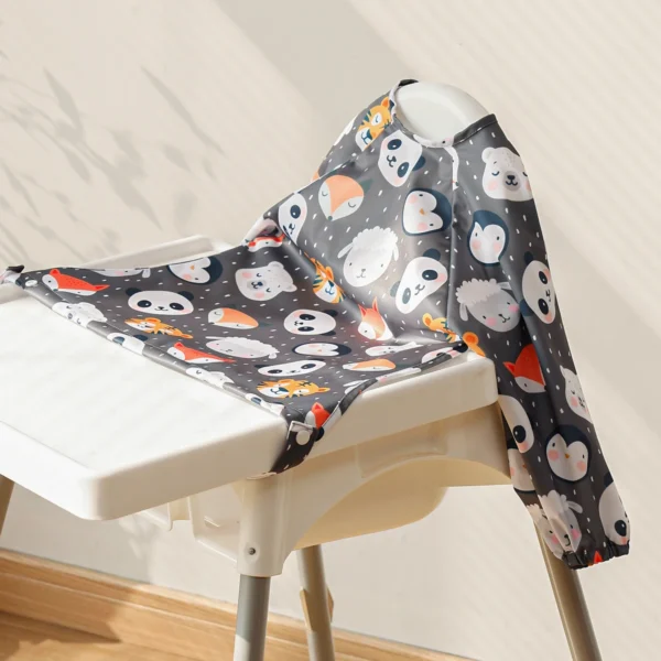 1 waterproof long-sleeve feeding bib with pockets, washable all-in-one baby bib, can be secured to high chairs and tables
