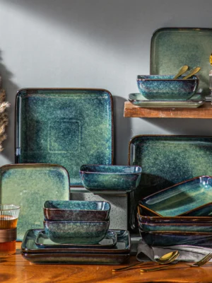 Vancasso Stern Dinner Set Green Square Kiln Change Glaze Tableware 16 Piece Kitchen Dinnerware Ceramic Crockery Set for 4 Person