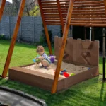 53× 44.5in Wood Sand Box for Kids Ages 3-8, Sandboxes for Backyard Patio Garden Beach Outdoor Play Use, w/Fabric Liner Funnel Ch