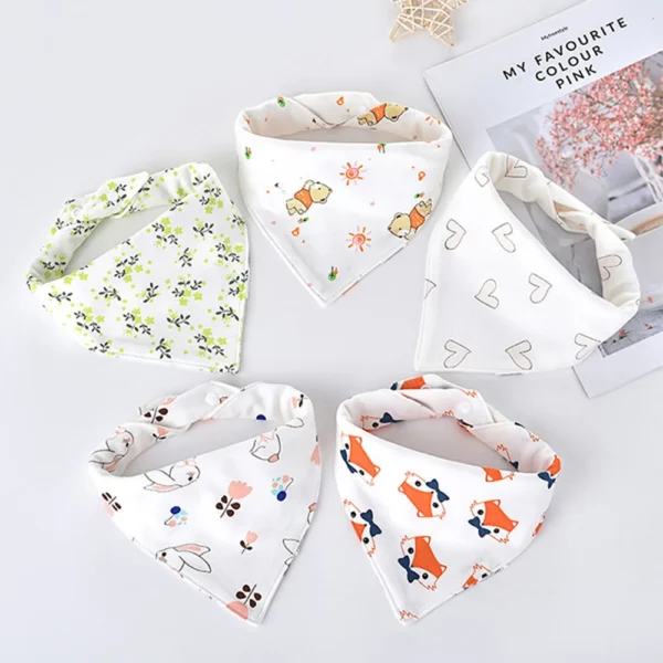 5 pieces/set Baby Triangle Bib Double-layer Cotton Scarf Cartoon Print Drool Towel Feeding Apron Cotton Triangle Bib