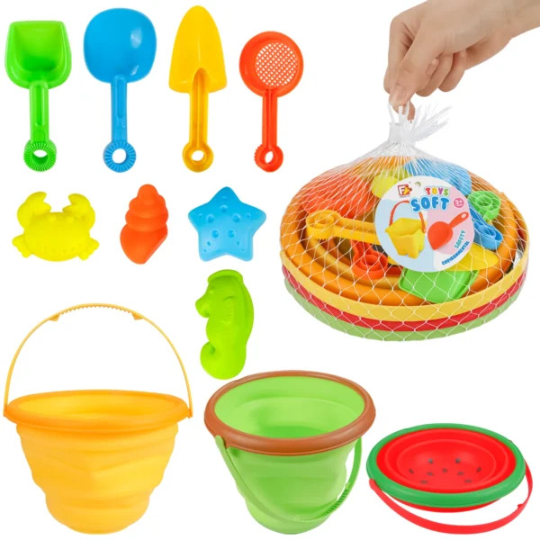 Beach Sand Toys Set for Kids,Silicone Collapsible Foldable Beach Bucket Travel Beach Toys for Summer Camping for Boys Girls