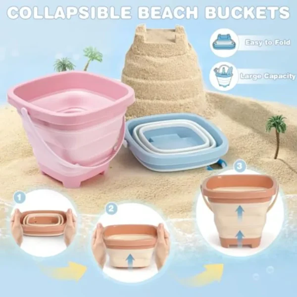 Beach Sand Toys Mesh Shovel Set for 3 Pack Collapsible Sand Buckets and Filter Sand Scooper with Mesh Bag for Shell Collecting