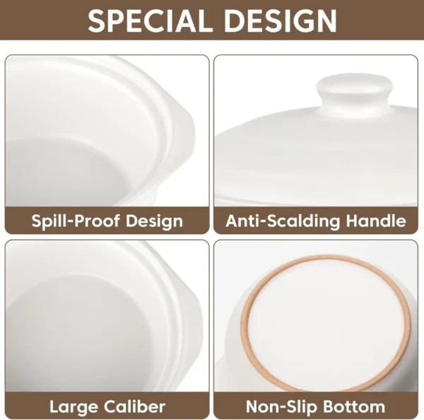 White Ceramic Casserole Pot with Lid, 3.4 Quart Clay Cookware for Soup, Rice & Stews