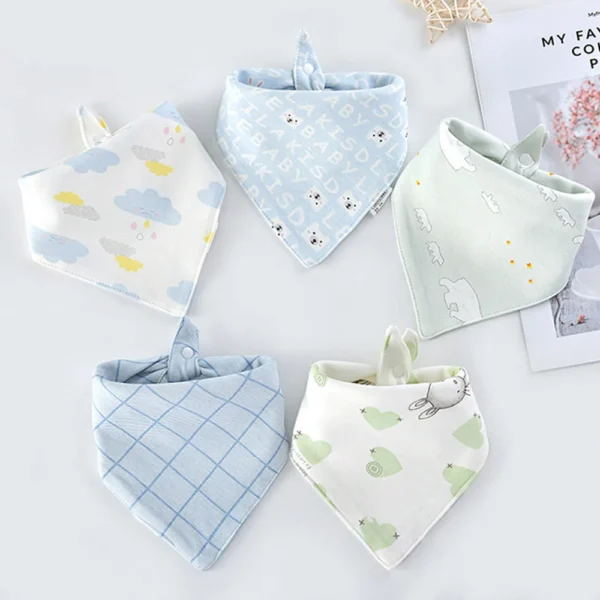5 pieces/set Baby Triangle Bib Double-layer Cotton Scarf Cartoon Print Drool Towel Feeding Apron Cotton Triangle Bib