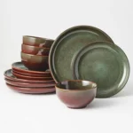 Stoneware Dinnerware Sets Service for 4, 12 pcs Reactive Glaze Plates and Bowls Sets, Handmade Ceramic Dish Set, Highly Chip and