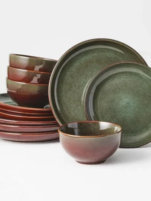 Stoneware Dinnerware Sets Service for 4, 12 pcs Reactive Glaze Plates and Bowls Sets, Handmade Ceramic Dish Set, Highly Chip and