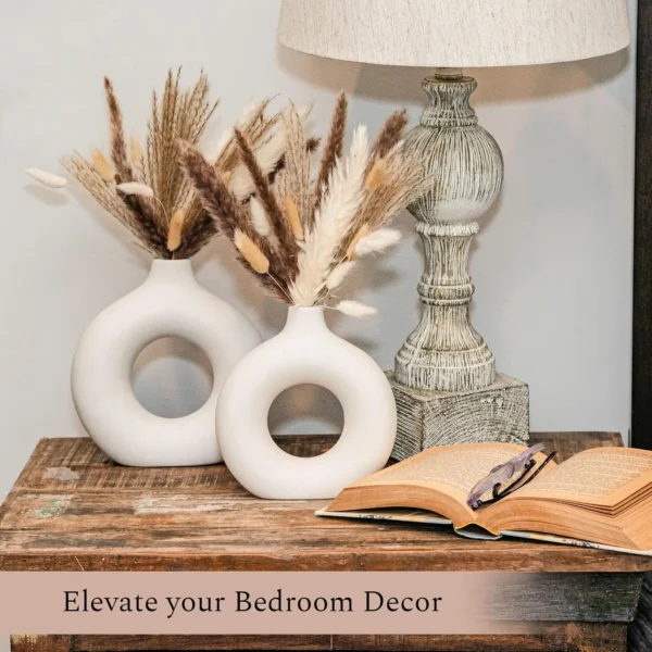 Set of 3 White Ceramic Vases with 65 PCS Dried Pampas Grass, Boho Modern Decor for Home Office