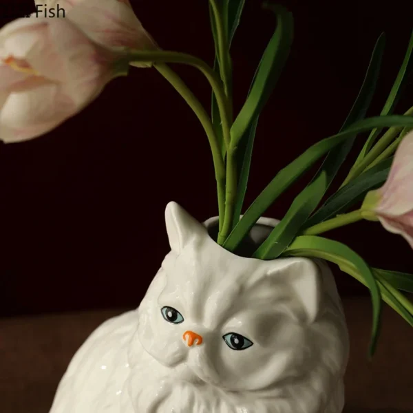 Cute White Cat Ceramic Vase Desk Decoration Flowers Arrangement Artificial Flower Decorative Floral Vases Room Aesthetic Decor