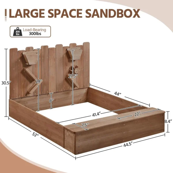 53× 44.5in Wood Sand Box for Kids Ages 3-8, Sandboxes for Backyard Patio Garden Beach Outdoor Play Use, w/Fabric Liner Funnel Ch