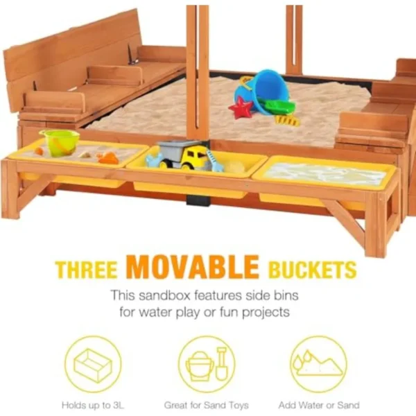 Wooden Sand Box with Lid and 3 Detachable Toy Bins Adjustable Canopy 4 Built-in Bench Seats Leak-Proof Non-Woven Liner Foldable