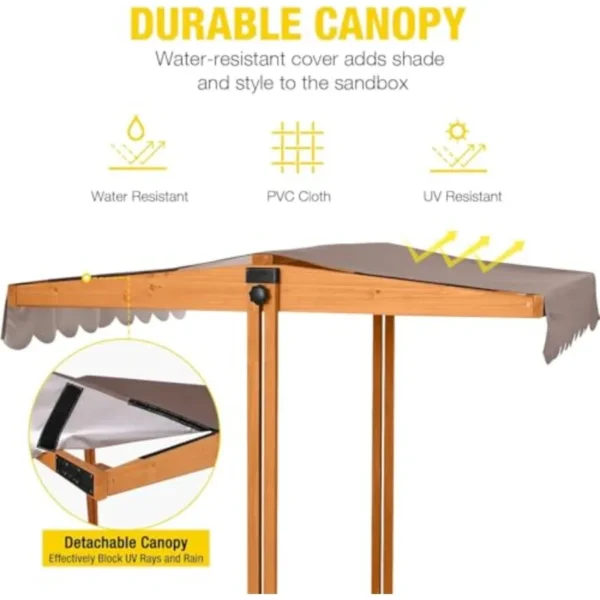 Wooden Sand Box with Lid and 3 Detachable Toy Bins Adjustable Canopy 4 Built-in Bench Seats Leak-Proof Non-Woven Liner Foldable